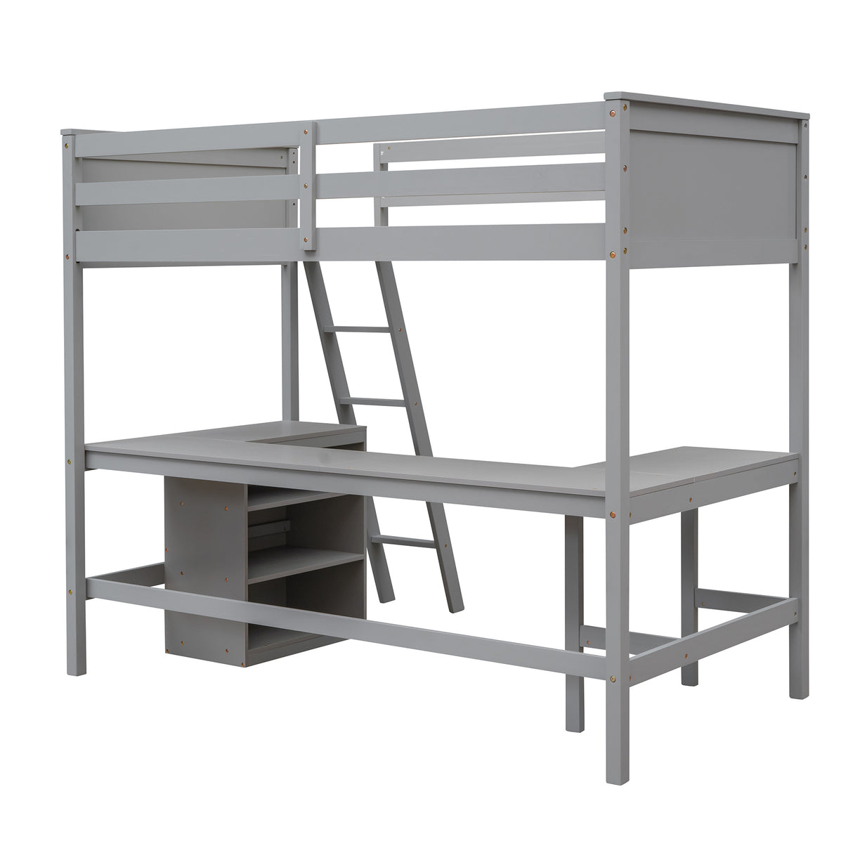 Twin size Loft Bed with Shelves and Desk, Wooden Loft Bed with Desk - Gray(OLD SKU:LT000537AAE) - Home Elegance USA