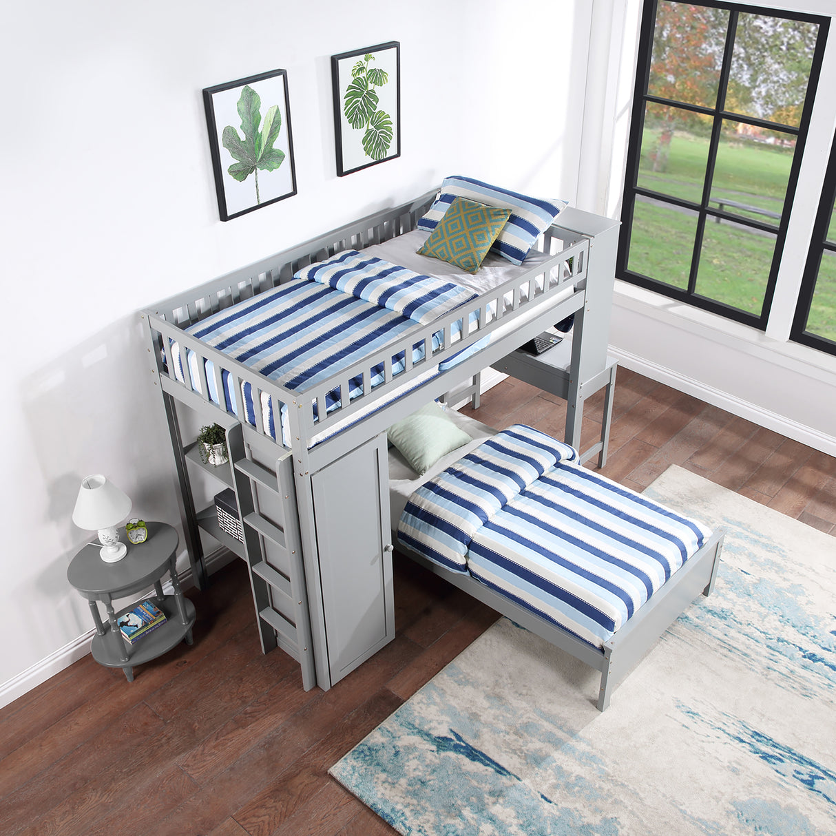 Twin Size Loft Bed with Closet and Desk, Extra Bottom Twin Bed, Grey - Home Elegance USA