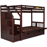 Twin over Full Bunk Bed with Two Drawers and Staircase, Down Bed can be Converted into Daybed,Espresso - Home Elegance USA