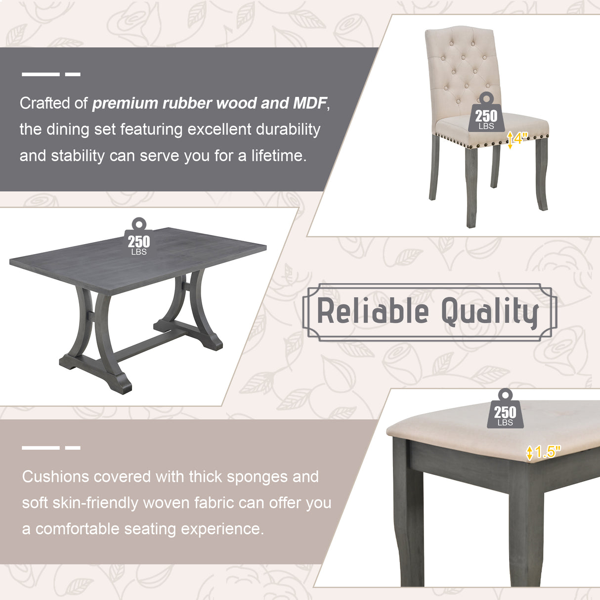 TREXM 6-Piece Farmhouse Dining Table Set, Rectangular Trestle Table and 4 Upholstered Chairs & Bench for Dining Room (Antique Gray) - Home Elegance USA