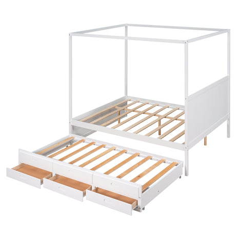 Queen Size Canopy Platform Bed with Twin Size Trundle and Three Storage Drawers,White - Home Elegance USA