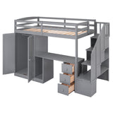 Twin Size Loft Bed with Wardrobe and Staircase, Desk and Storage Drawers and Cabinet in 1,Gray - Home Elegance USA