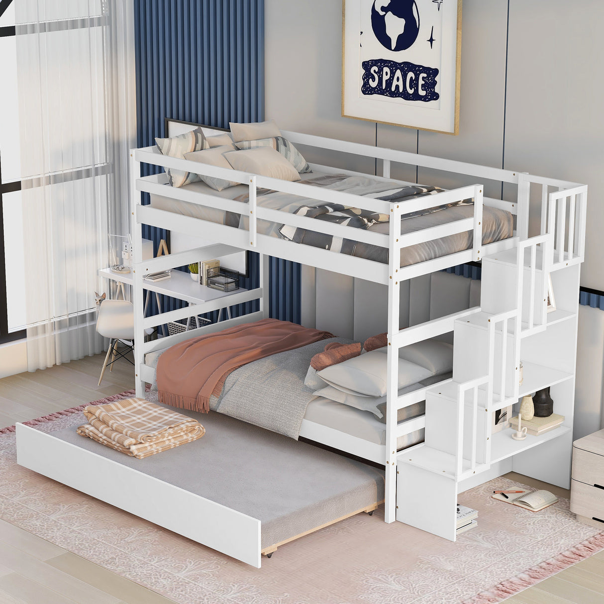 Bunk Beds Twin over Twin Stairway Storage function White color - Home Elegance USA