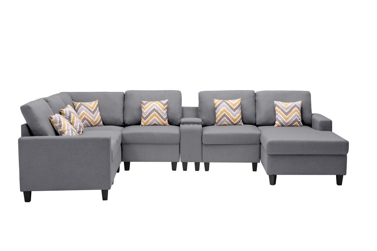 Nolan Gray Linen Fabric 7Pc Reversible Chaise Sectional Sofa with a USB, Charging Ports, Cupholders, Storage Console Table and Pillows and Interchangeable Legs - Home Elegance USA