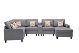 Nolan Gray Linen Fabric 7Pc Reversible Chaise Sectional Sofa with a USB, Charging Ports, Cupholders, Storage Console Table and Pillows and Interchangeable Legs - Home Elegance USA