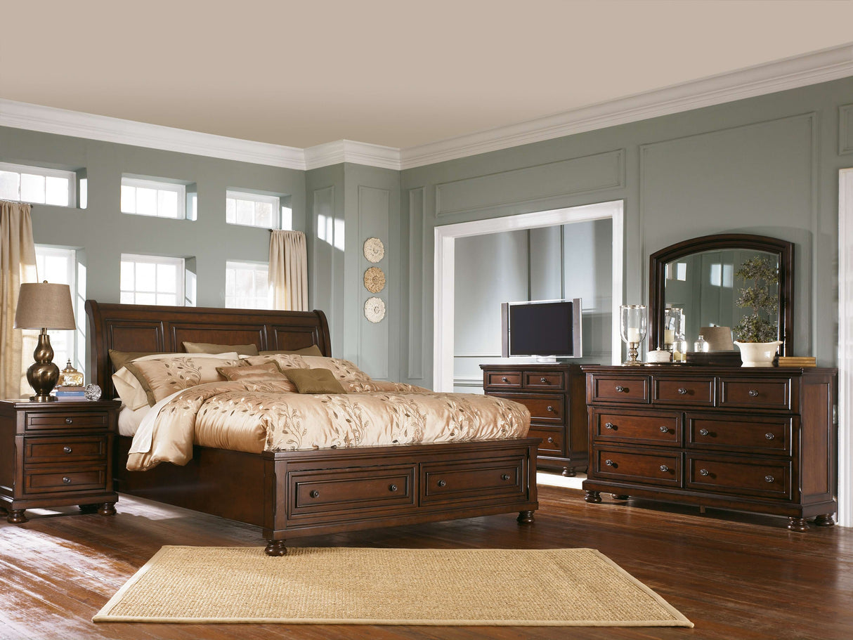 Porter - Rustic Brown - 7 Pc. - Dresser, Mirror, Media Chest, King Sleigh Bed With 2 Storage Drawers, Nightstand - Home Elegance USA