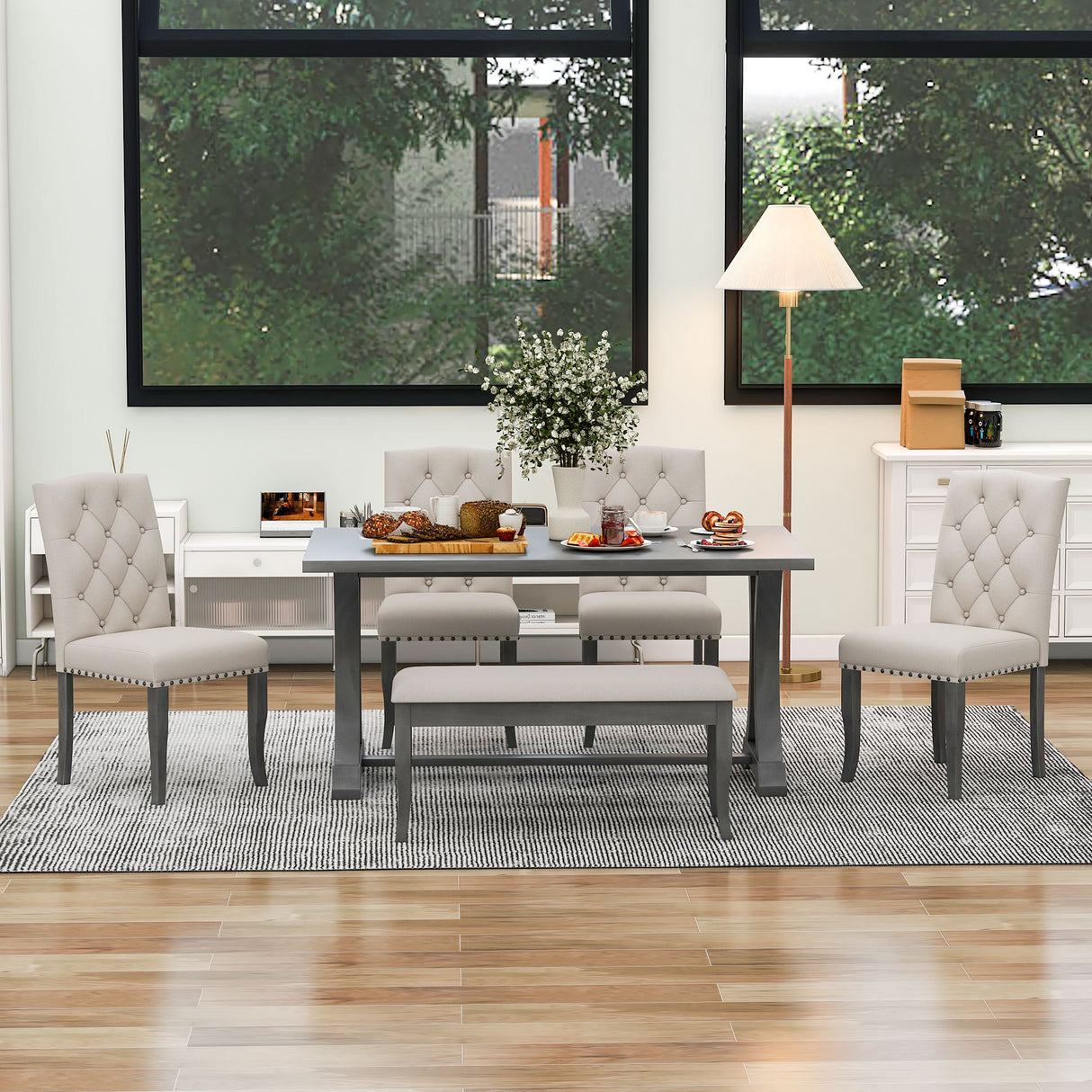 TREXM 6-Piece Farmhouse Dining Table Set, Rectangular Trestle Table and 4 Upholstered Chairs & Bench for Dining Room (Antique Gray) - Home Elegance USA
