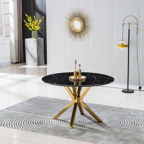 Modern Round Marble Table for Dining Room/Kitchen, 1.02" Thick Marble Top, Gold Finish Stainless Steel Base, Size:47"Lx47"Dx30"H(Not Including Chairs) - Home Elegance USA