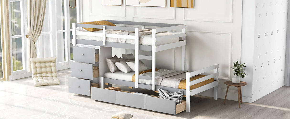 Twin over Twin Loft Bunk Bed with Drawers and Ladder, Gray - Home Elegance USA