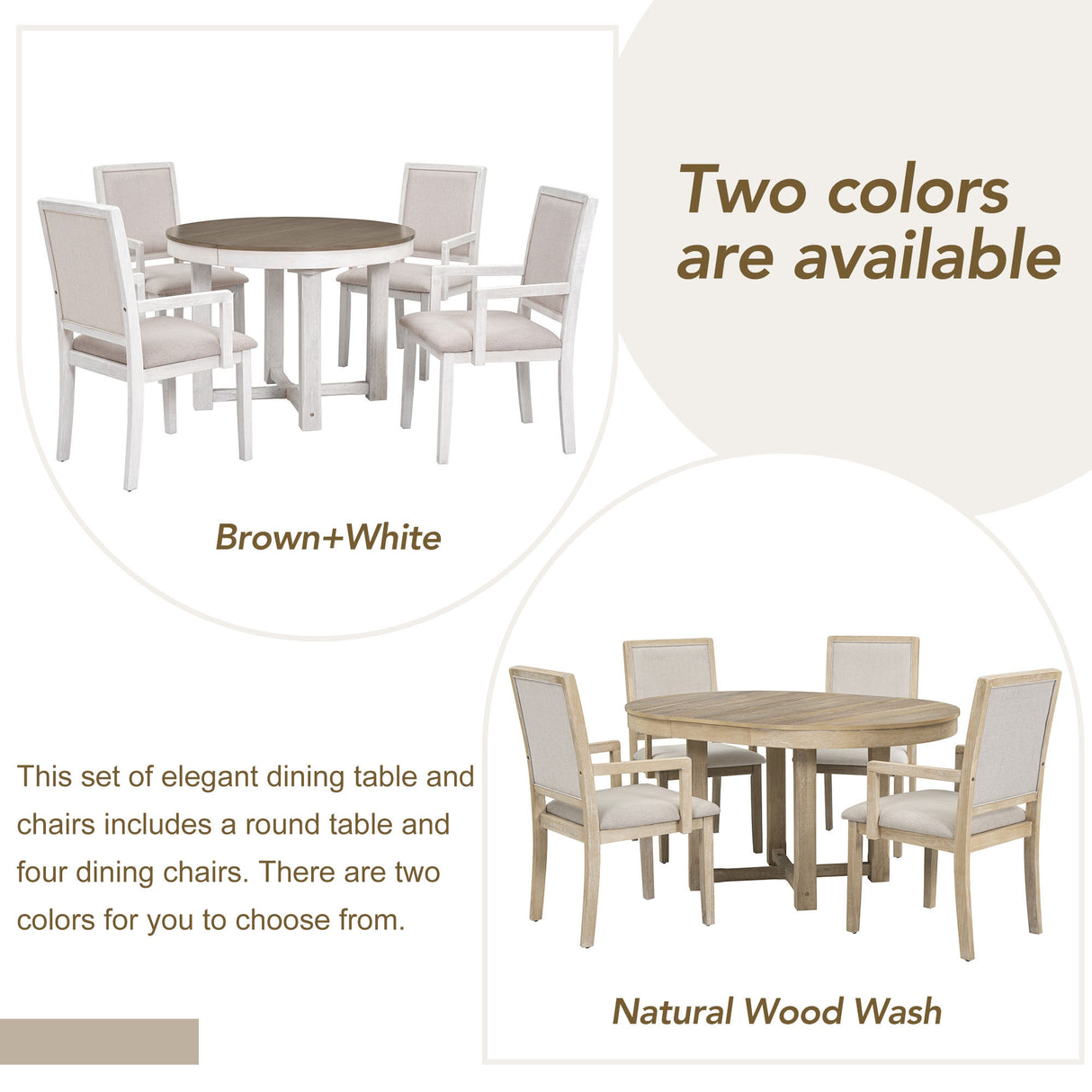 TREXM 5-Piece Dining Table Set, Two-Size Round To Oval Extendable Butterfly Leaf Wood Dining Table and 4 Upholstered Dining Chairs with Armrests (Brown+White) - Home Elegance USA