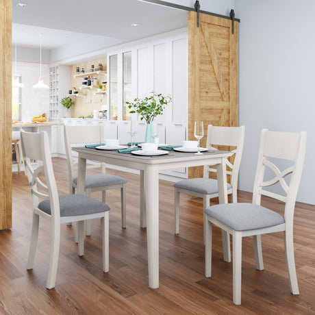 TOPMAX Farmhouse Rustic Wood 5-Piece Kitchen Dining Table Set with 4 Upholstered Padded Chairs, Light Grey+White - Home Elegance USA