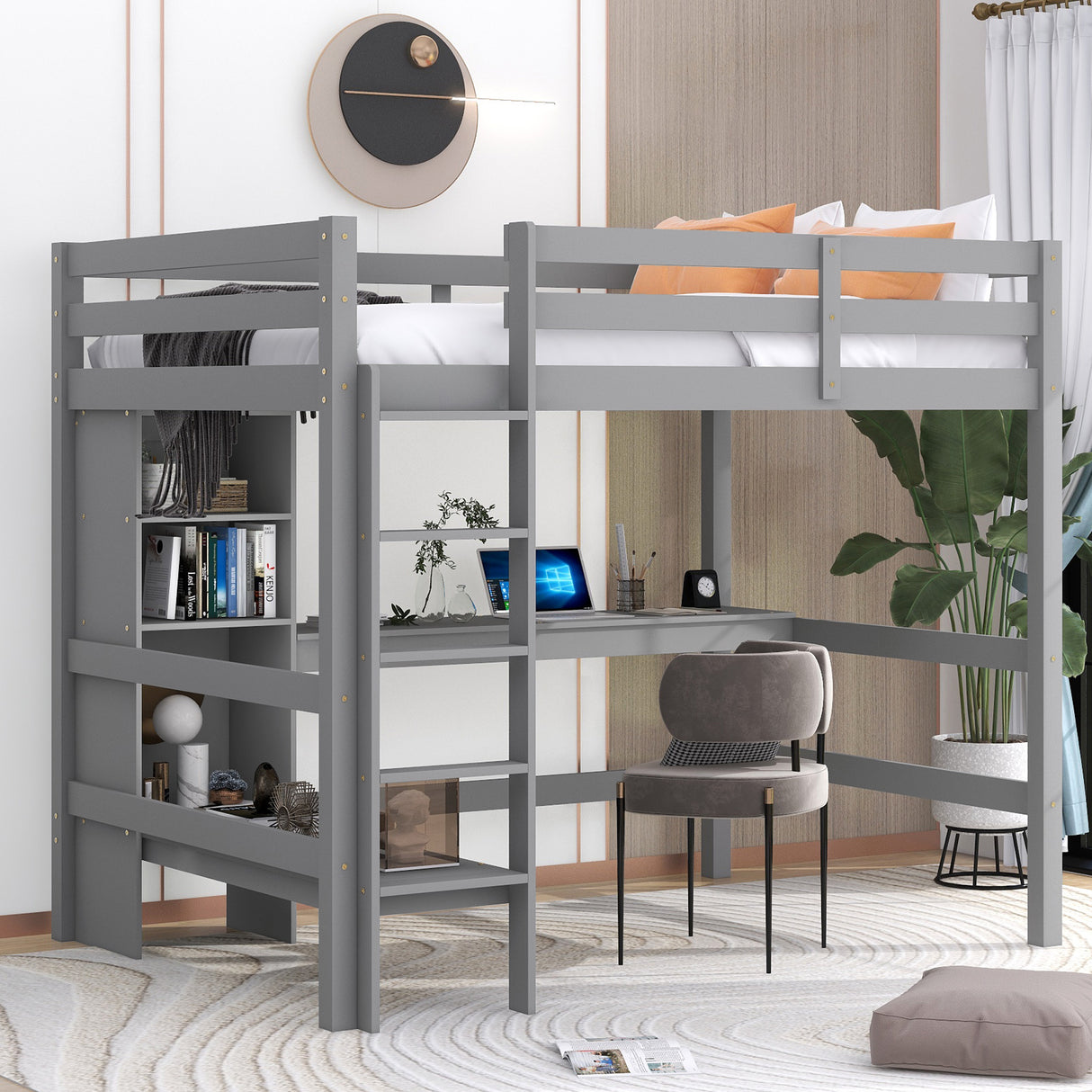 Full Size Loft Bed with Multifunction Shelves and Under-bed Desk, Gray - Home Elegance USA