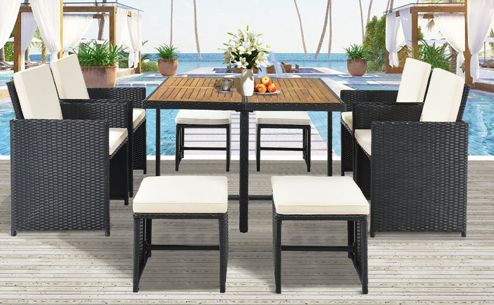 TOPMAX Patio All-Weather PE Wicker Dining Table Set with Wood Tabletop for 8, Black Rattan+Beige Cushion (9-Piece)