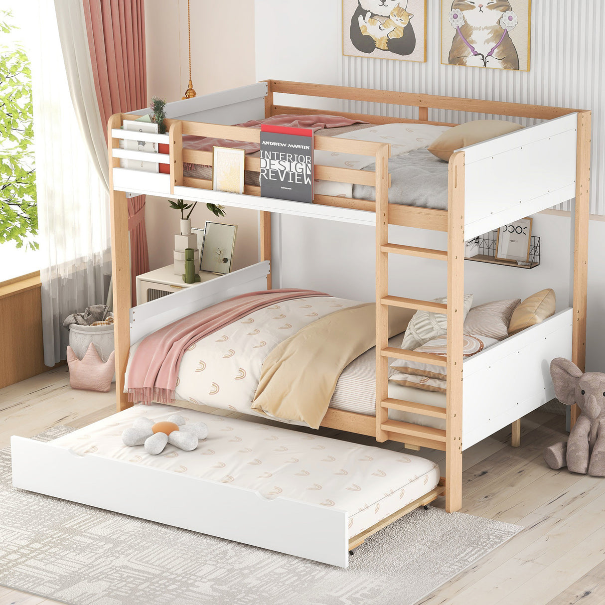 Full over Full Bunk Bed with Storage Shelves, Twin Size Trundle and Ladder, White - Home Elegance USA