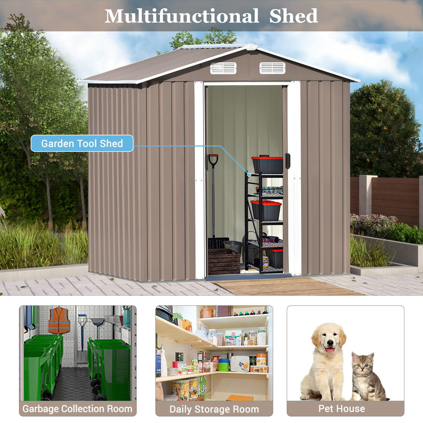 TOPMAX Patio 6ft x4ft Bike Shed Garden Shed, Metal Storage Shed with Lockable Door, Tool Cabinet with Vents and Foundation for Backyard, Lawn, Garden, Brown