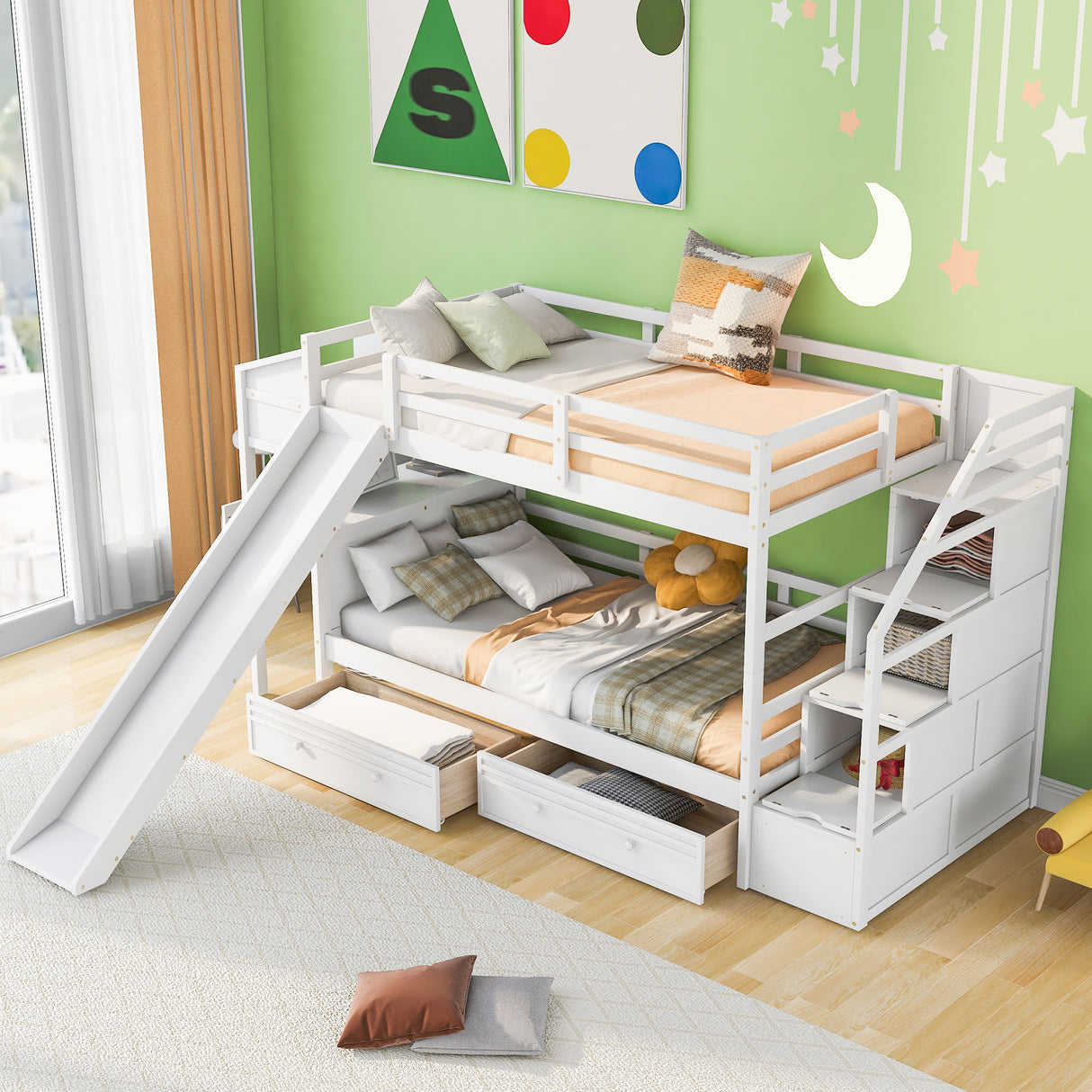 Twin over Twin Bunk Bed with Storage Staircase, Slide and Drawers, Desk with Drawers and Shelves, White - Home Elegance USA
