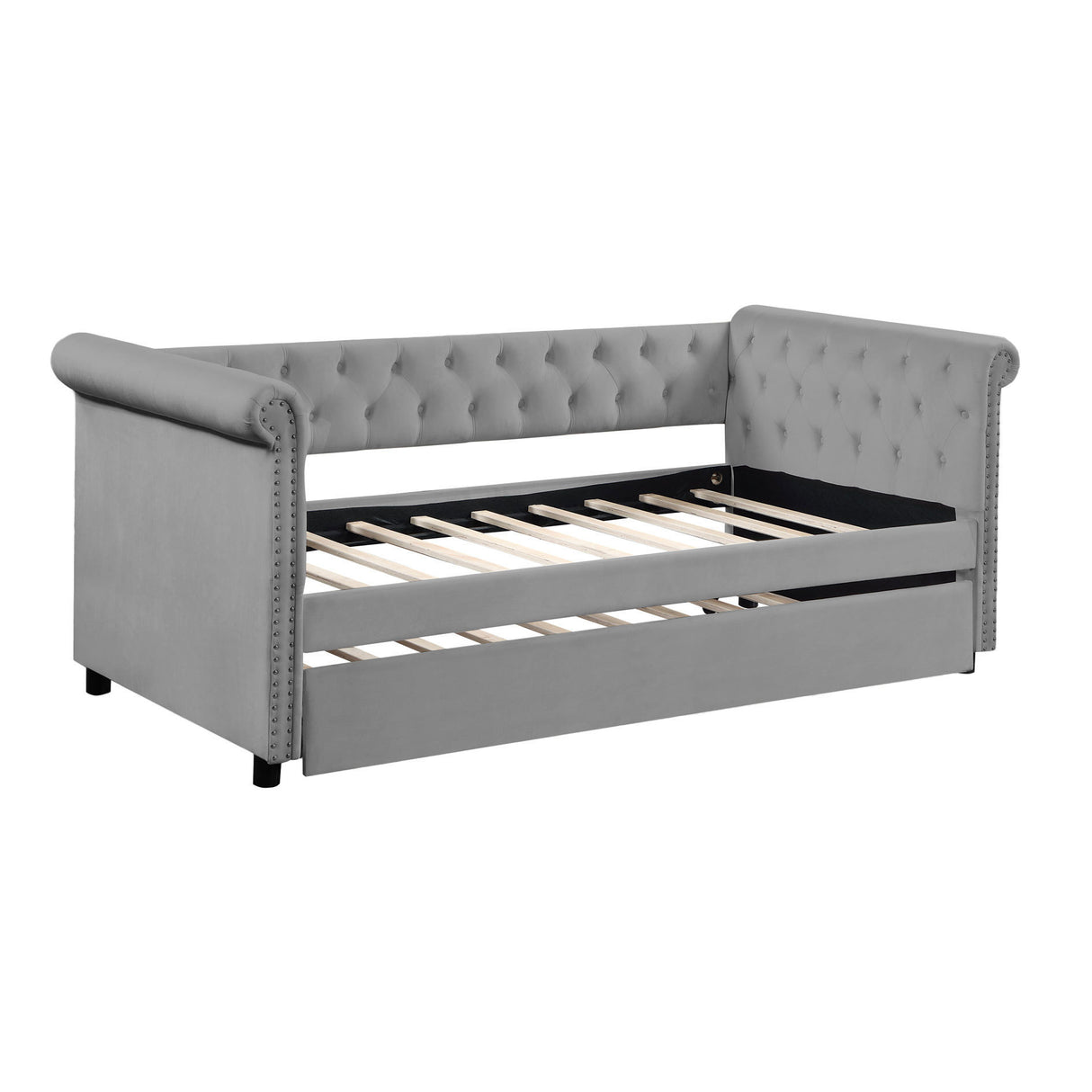 Daybed with Trundle Upholstered Tufted Sofa Bed, with Beautiful Round Armset Design, TWIN SIZE, Grey - W876S00094 - Home Elegance USA - 2