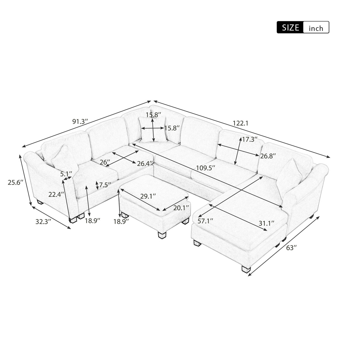 122.1" *91.3" 4pcs Sectional Sofa with Ottoman with Right Side Chaise velvet fabric White | Home Elegance USA