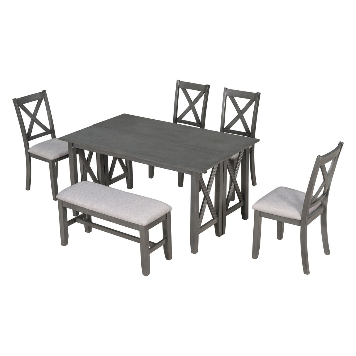 TREXM 6-Piece Family Dining Room Set Solid Wood Space Saving Foldable Table and 4 Chairs with Bench for Dining Room (Gray) - Home Elegance USA