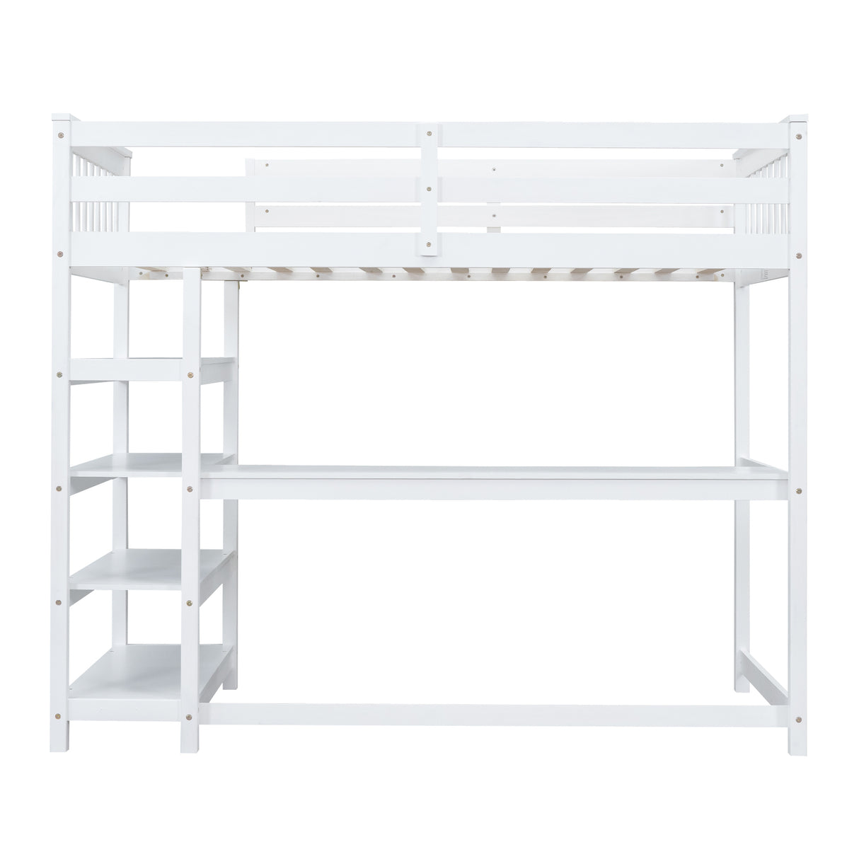 Twin Size Loft Bed with Storage Shelves and Under-bed Desk, White - Home Elegance USA