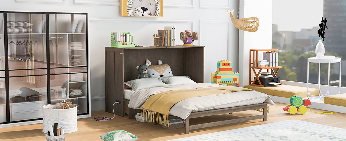 Queen Size Murphy Bed with Built-In Charging Station, Antique Grey(Expected Arrival Time: 8.9) - Home Elegance USA