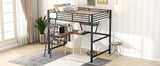 Full Size Loft Metal&MDF Bed with Desk and Shelf, Black