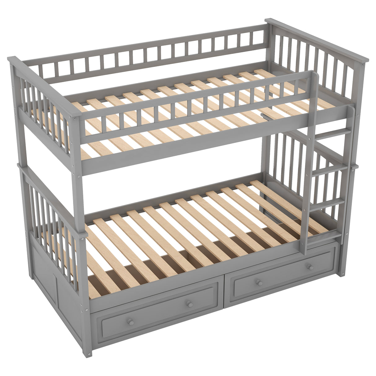 Twin over Twin Bunk Bed with Drawers, Convertible Beds, Gray - Home Elegance USA