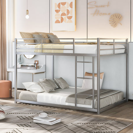 Full over Full Metal Bunk Bed, Low Bunk Bed with Ladder, Silver（Old SKU:MF197034AAN) - Home Elegance USA