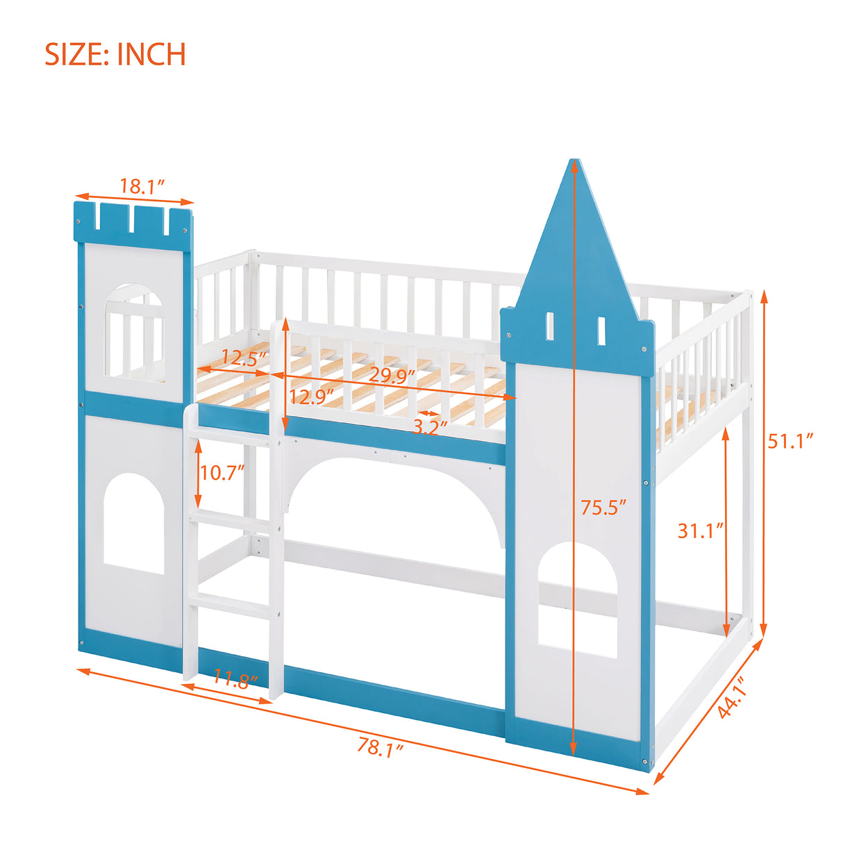 Twin Over Twin Castle Bunk Bed with Ladder - Blue - Home Elegance USA