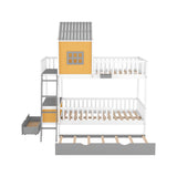 Twin over Twin Bunk Bed with Twin Size Trundle , Farmhouse Bed with Storage Box and Drawer - Yellow - Home Elegance USA