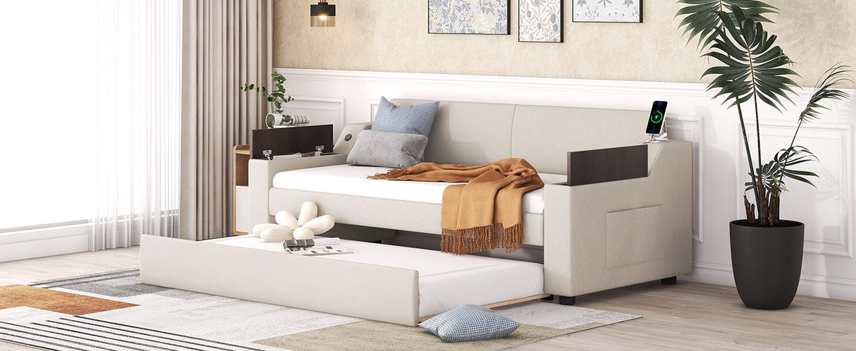 Twin Size Upholstery Daybed with Storage Arms, Trundle and USB Design, Beige