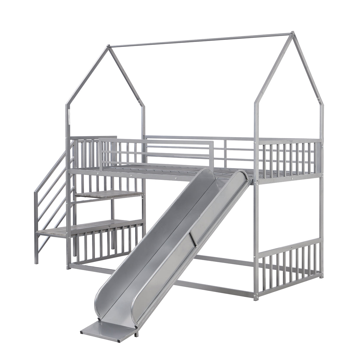 Twin over Twin Metal Bunk Bed House Bed with Slide and Staircase, Silver - Home Elegance USA