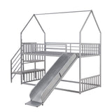 Twin over Twin Metal Bunk Bed House Bed with Slide and Staircase, Silver - Home Elegance USA