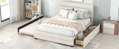 Queen Upholstered Platform Bed with Twin Size Trundle and Two Drawers, Beige - Home Elegance USA