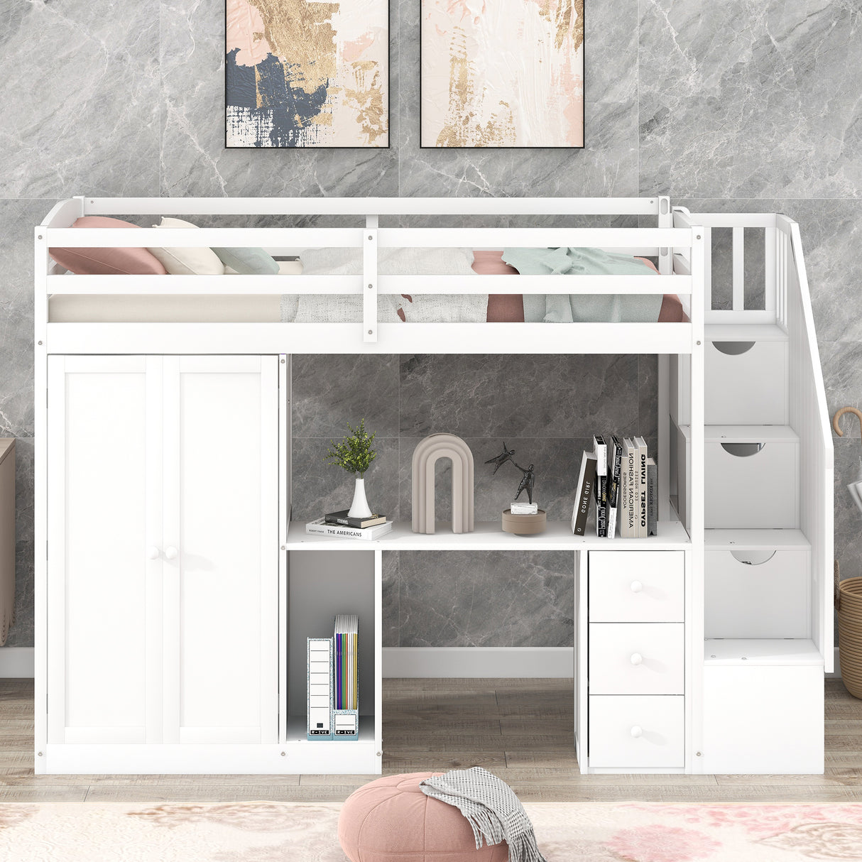 Twin Size Loft Bed with Wardrobe and Staircase, Desk and Storage Drawers and Cabinet in 1, White - Home Elegance USA