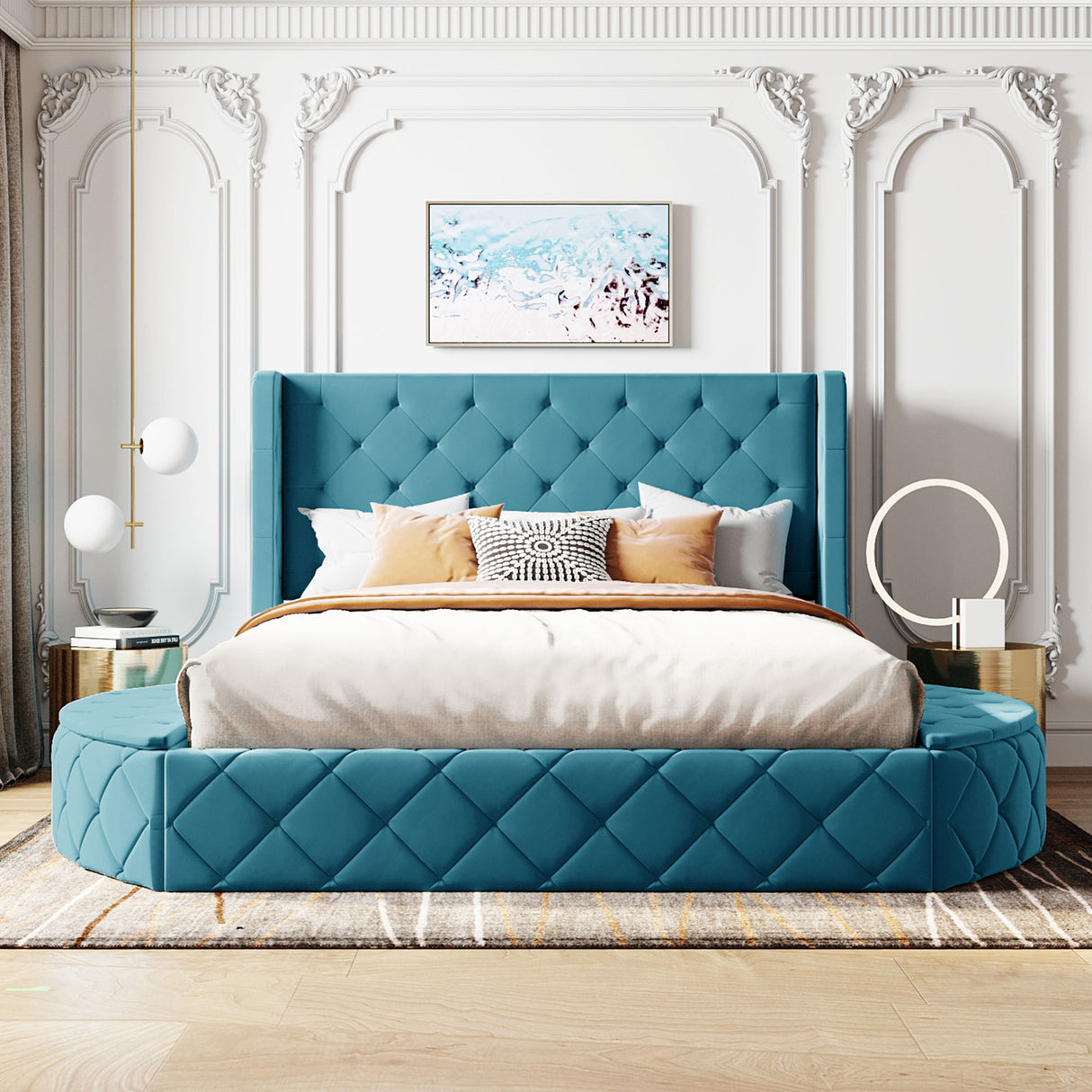 Upholstered Platform Bed Queen Size Storage Velvet Bed with Wingback Headboard and 1 Big Drawer,2 Side Storage Stool(Blue) - Home Elegance USA