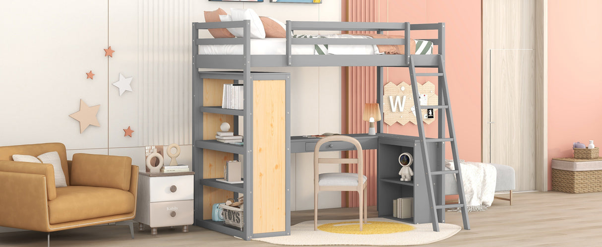 Twin Size Loft Bed with Ladder, Shelves, and Desk, Gray - Home Elegance USA