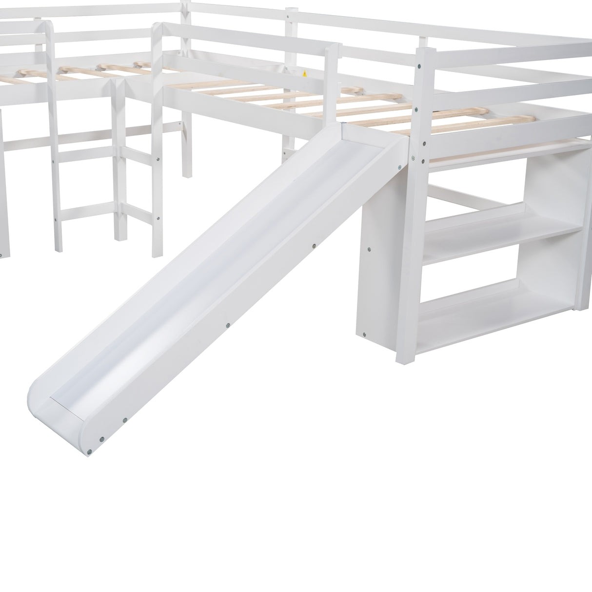 Twin Size L-Shaped Loft Bed with Movable Two-Tier Shelves and Slide,White - Home Elegance USA