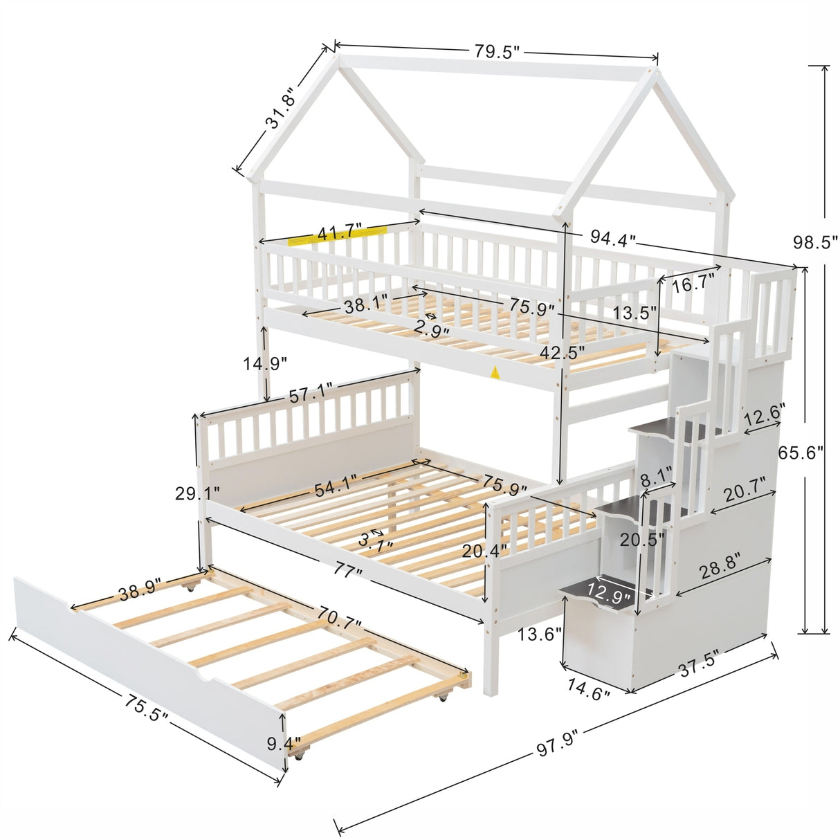 Twin over Full Size House Bunk Bed with Storage Staircase and Trundle,Full-Length Guardrail,White - Home Elegance USA