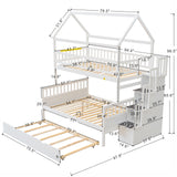 Twin over Full Size House Bunk Bed with Storage Staircase and Trundle,Full-Length Guardrail,White - Home Elegance USA