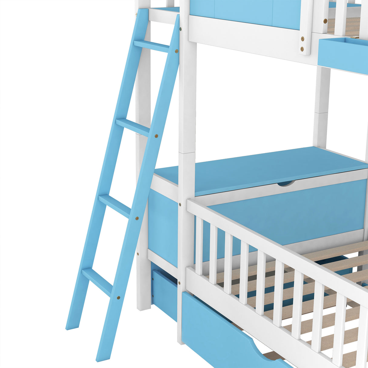 Twin over Twin Bunk Bed with Twin Size Trundle , Farmhouse Bed with Storage Box and Drawer - Blue - Home Elegance USA