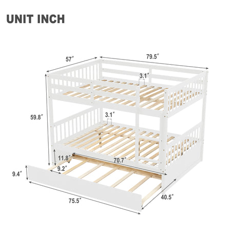 Full Over Full Bunk Bed with Trundle, Convertible to 2 Full Size Platform Bed, Full Size Bunk Bed with Ladder and Safety Rails for Kids, Teens, Adults,White(Old Sku:W504S00002) - Home Elegance USA