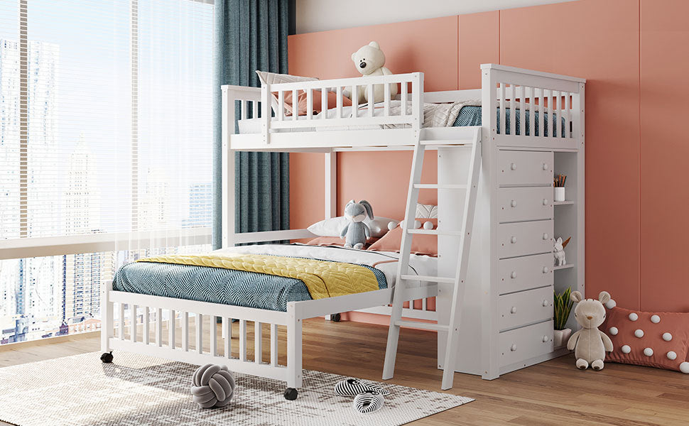 Wooden Twin Over Full Bunk Bed With Six Drawers And Flexible Shelves,Bottom Bed With Wheels,White(OLD SKU:LP000531AAK) - Home Elegance USA