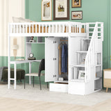 Twin size Loft Bed with Bookshelf,Drawers,Desk,and Wardrobe-White - Home Elegance USA