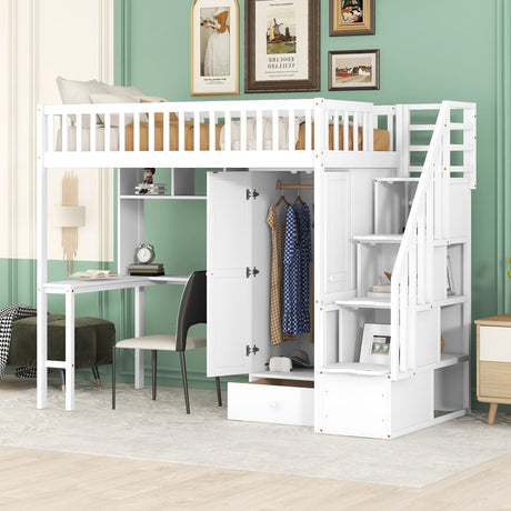 Twin size Loft Bed with Bookshelf,Drawers,Desk,and Wardrobe-White - Home Elegance USA