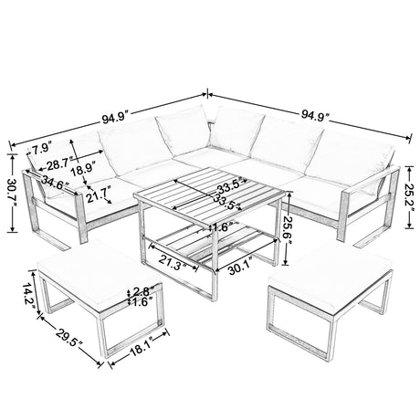 【Not allowed to sell to Wayfair】U_Style Industrial Style Outdoor Sofa Combination Set With 2 Love Sofa,1 Single Sofa,1 Table,2 Bench