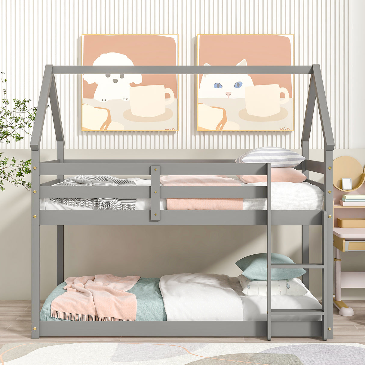 Twin over Twin Loft Bed with Roof Design, Safety Guardrail, Ladder, Grey - Home Elegance USA