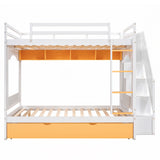 Full Over Full Bunk Bed with Trundle ,Stairs,Ladders Solid Wood Bunk bed with Storage Cabinet （White + Yellow） - Home Elegance USA