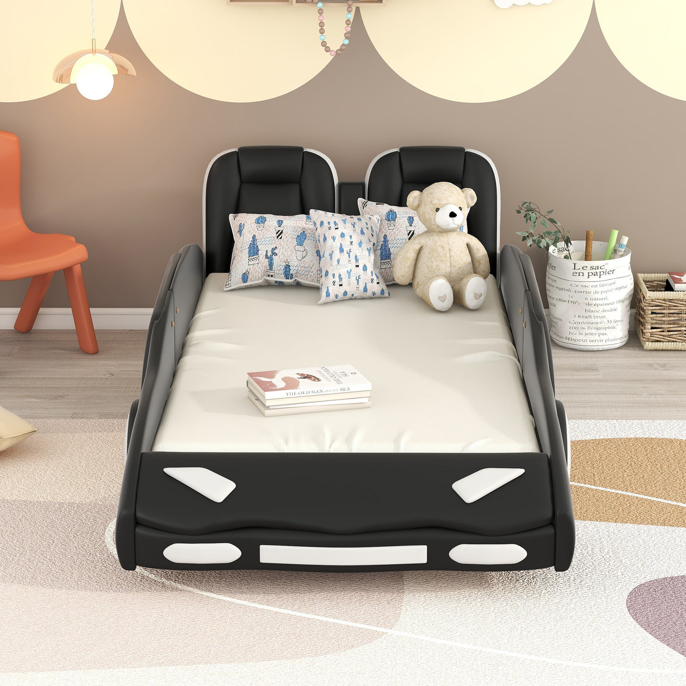 Twin Size Race Car-Shaped Platform Bed with Wheels, Black - Home Elegance USA