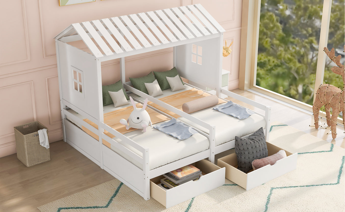 Twin Size House Platform Beds with Two Drawers for Boy and Girl Shared Beds, Combination of 2 Side by Side Twin Size Beds, White - Home Elegance USA